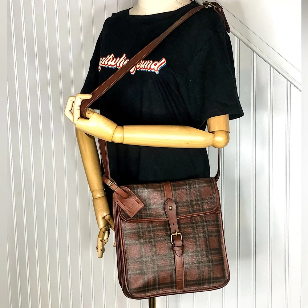 RALPH LAUREN Tartan Plaid Large Leather Crossbody Messenger Shoulder Bag